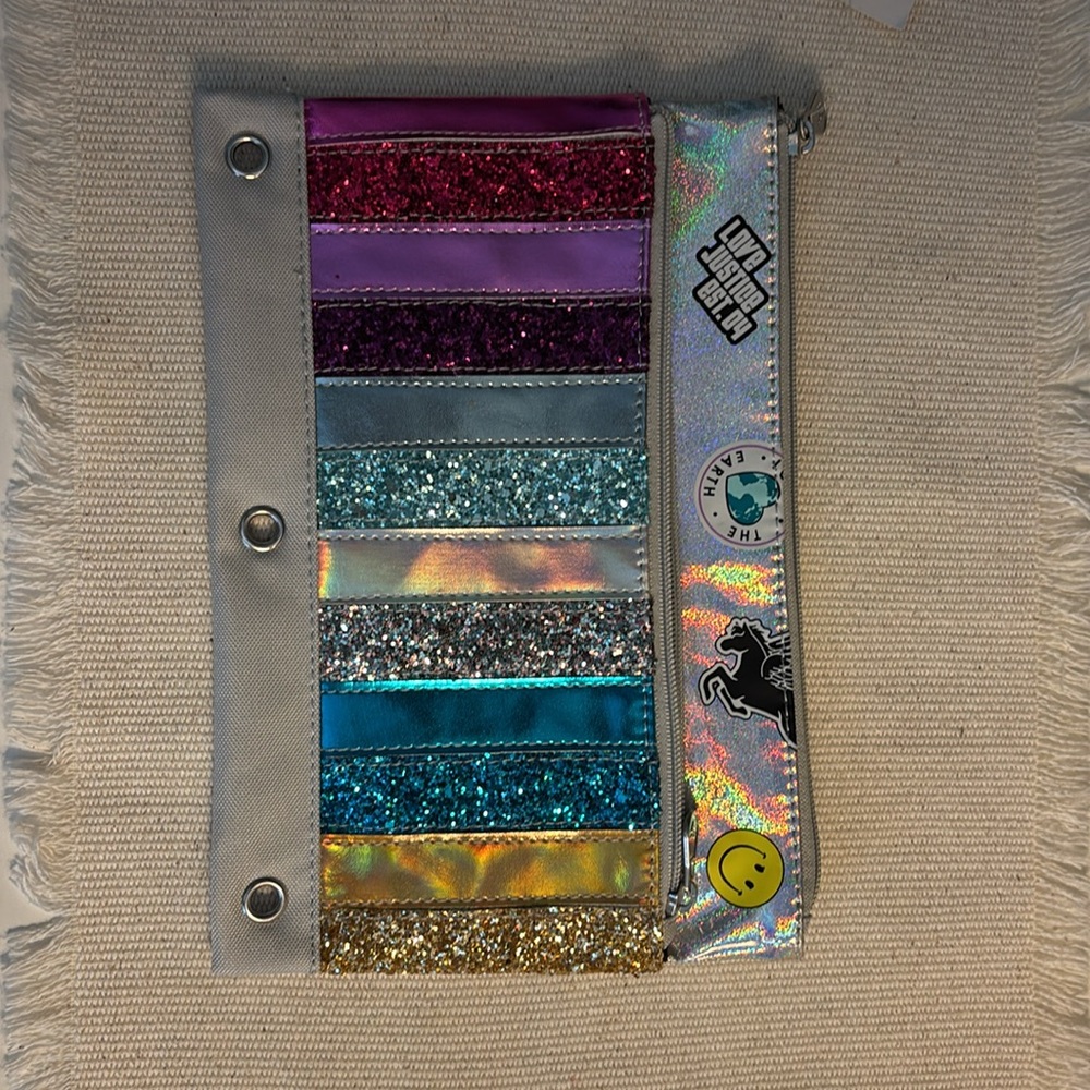 Justice Colorful Glitter Pencil Case 2 zip pouches. Sparkly Y2K pouch